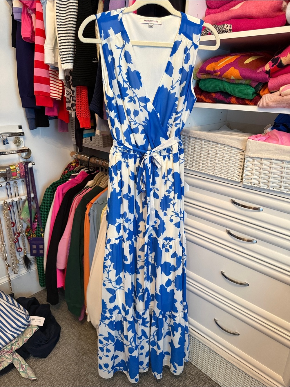 Jealous Tomato Blue & White Sleeveless Floral Wrap Maxi Dress